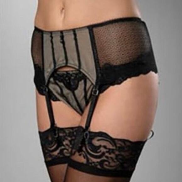 Elle Macpherson Spellbound Suspender Garter Belt Black Tan Mesh Lace Beads - Picture 1 of 16